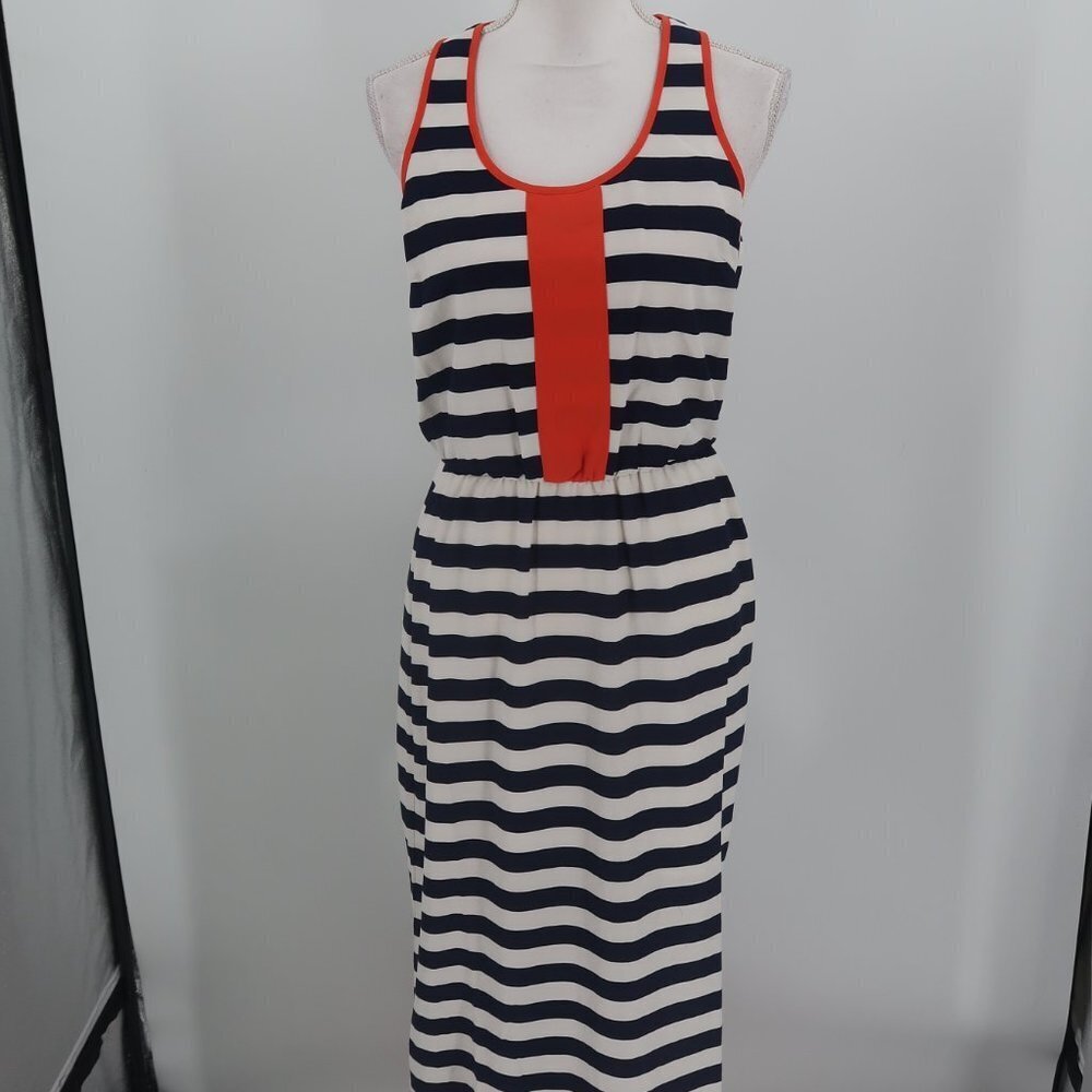 THML Clothing Women's Blue White Striped Maxi Dress w Orange Details Small NWT